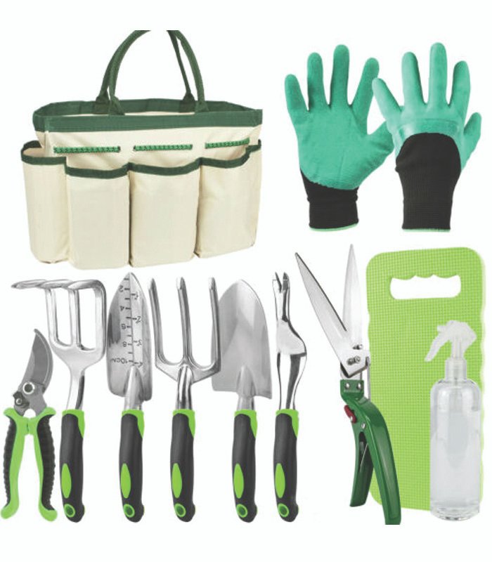 L8G-7-1 11 Piece Garden Tools Set with Bag Gardening Kit Trowel Secateurs Fork Knee Pad - Image 1