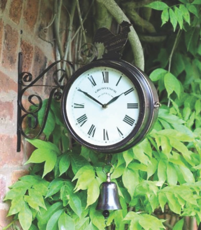clock-6-1 Garden Wall Station Clock Ornament double sided Bracket Rust Copper Effect - Image 1