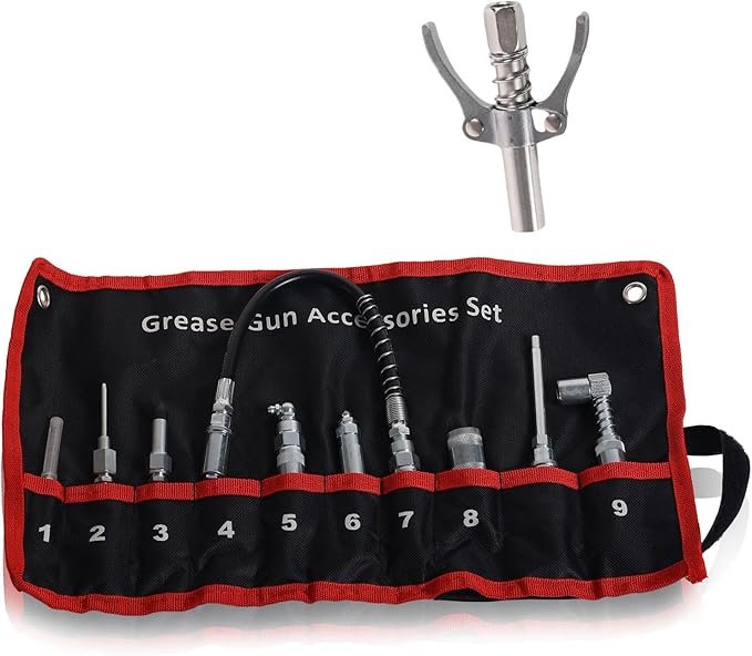 p1 9 PCS Grease Gun Accessory with Pouch,Reach Any Grease Fitting on Any Machine,with Grease Gun Complete Grease Fitting Connection kit Comes with a Grease Gun - Image 1